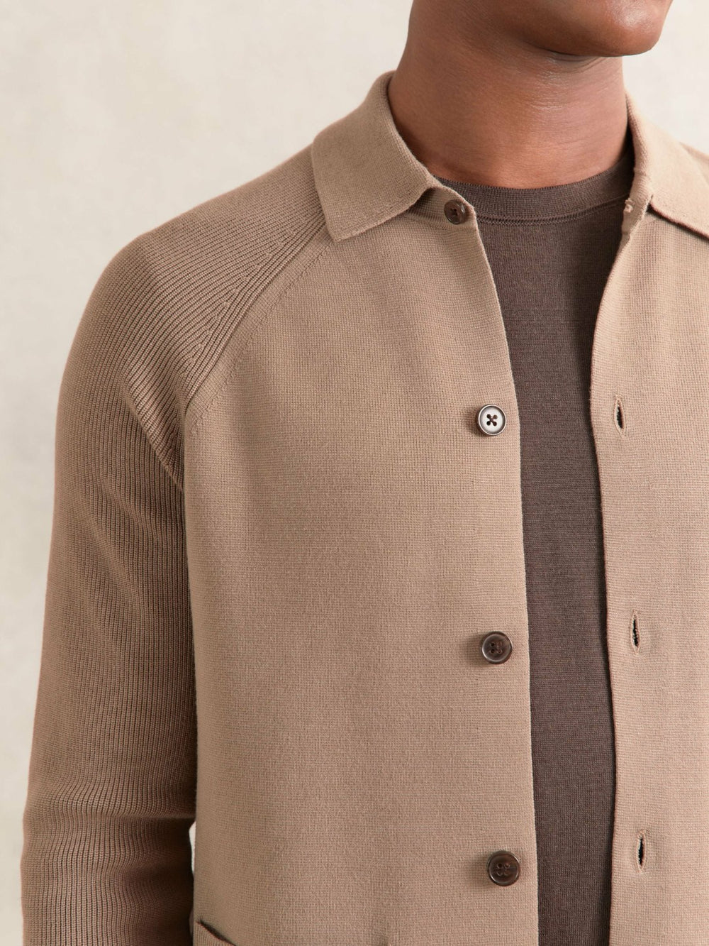Button-Through Ribbed-Sleeve Shirt Camel Brown | Men