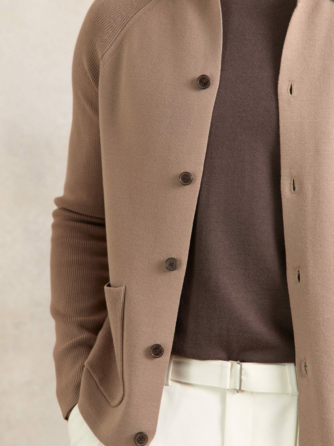 Button-Through Ribbed-Sleeve Shirt Camel Brown | Men
