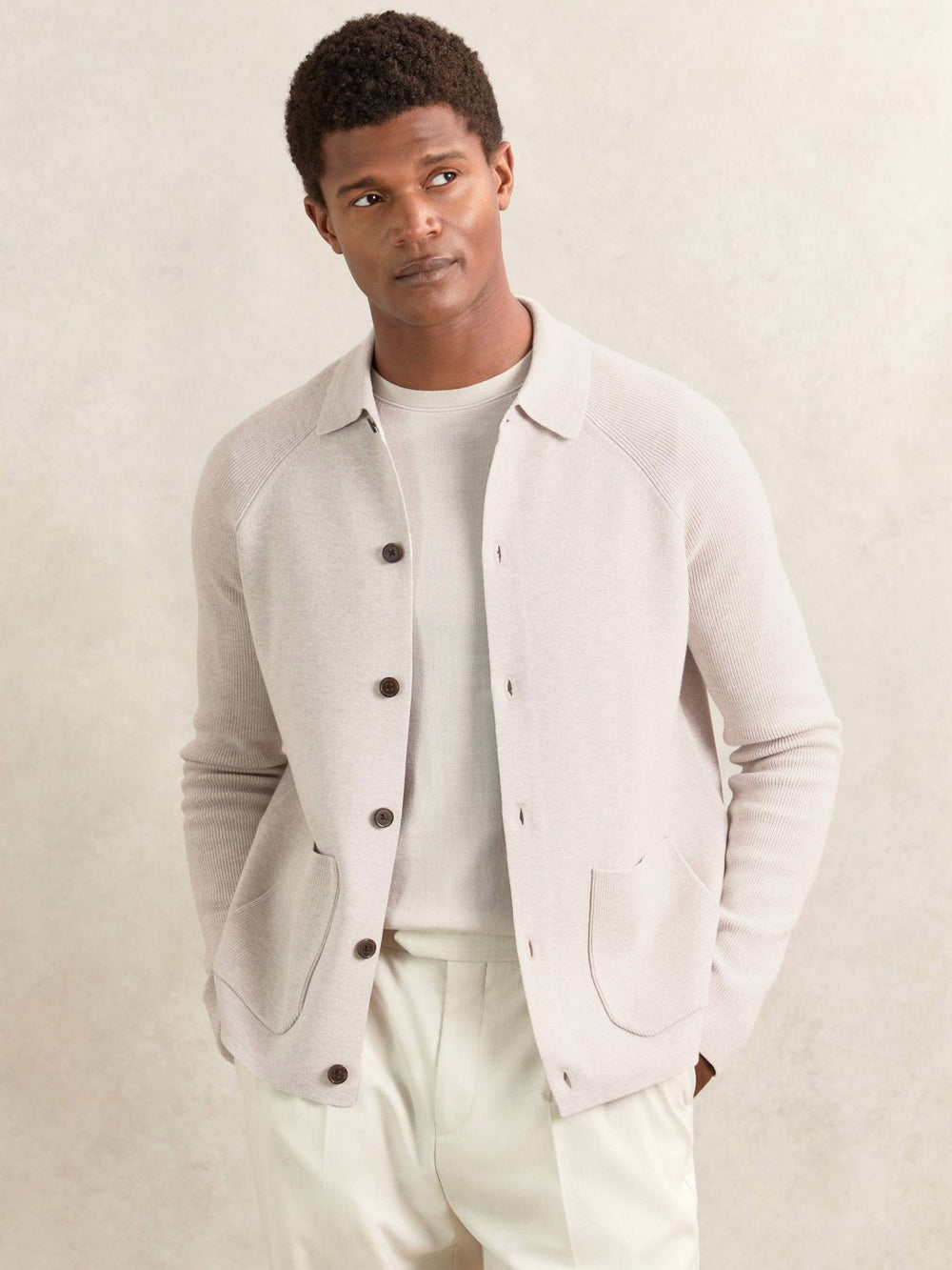 Button-Through Ribbed-Sleeve Shirt Oatmeal Brown | Men