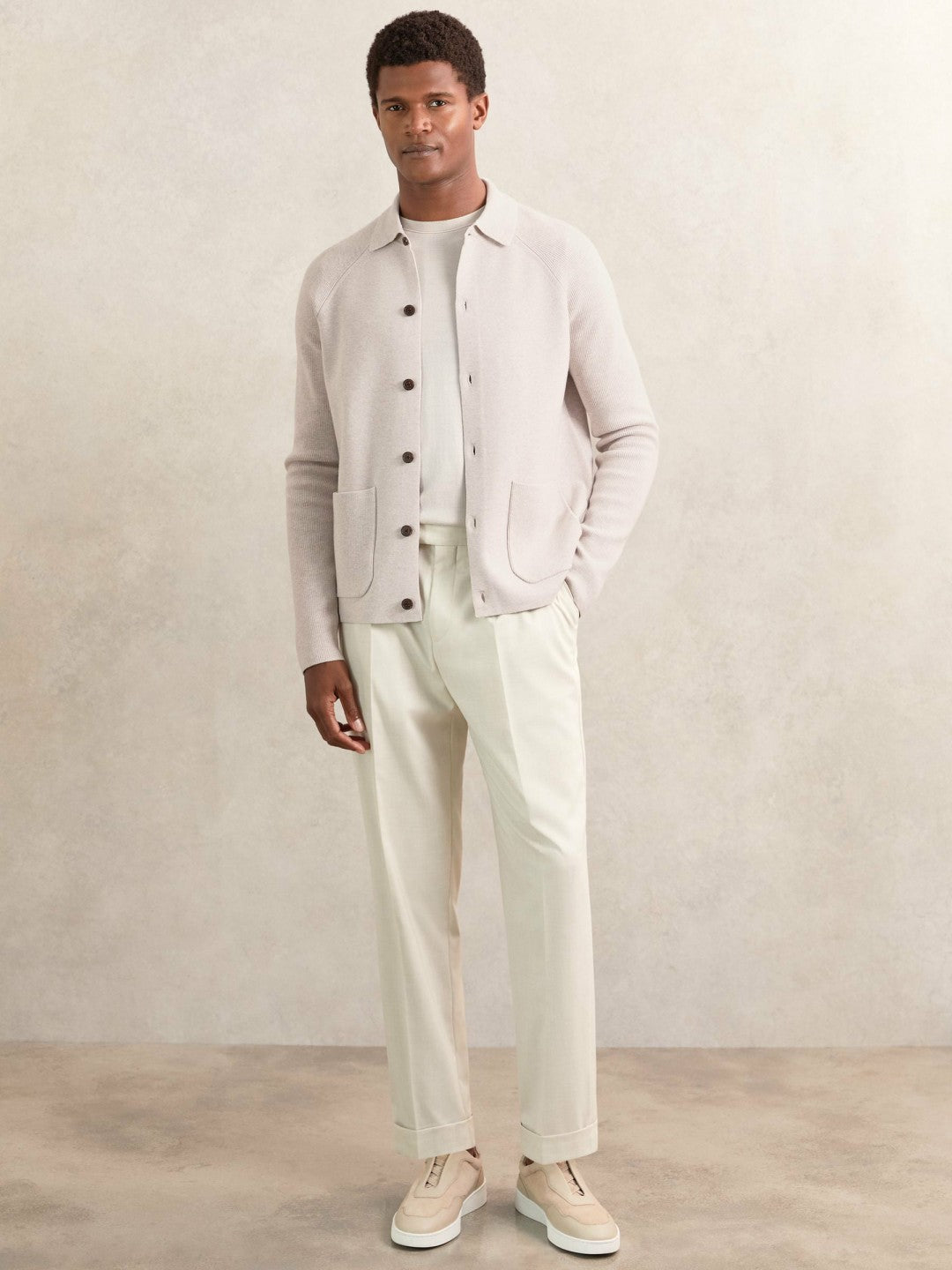 Button-Through Ribbed-Sleeve Shirt Oatmeal Brown | Men