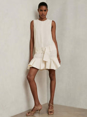 Ruffle Hem Belted Mini Dress Ivory | Women