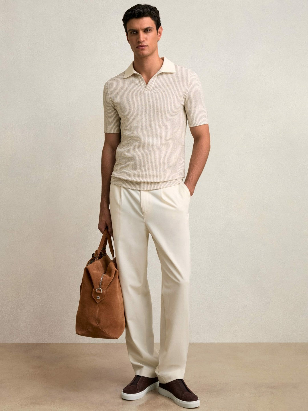 Cotton-Blend Stripe Polo Shirt Ecru/Taupe Brown | Men