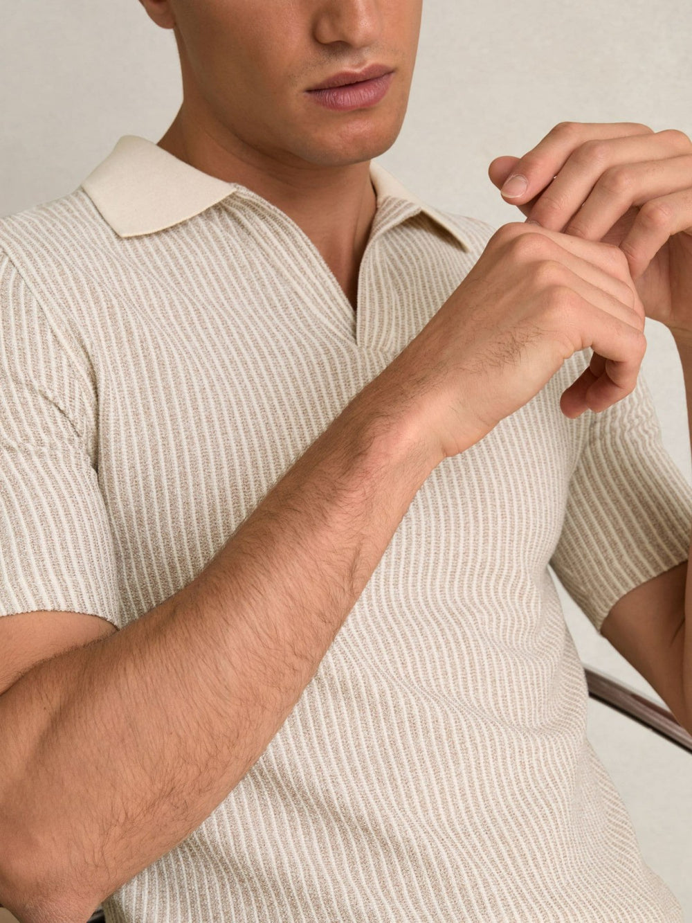 Cotton-Blend Stripe Polo Shirt Ecru/Taupe Brown | Men