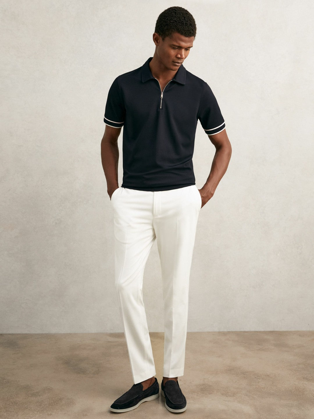 Textured Half-Zip Tipped Polo Shirt Navy | Men
