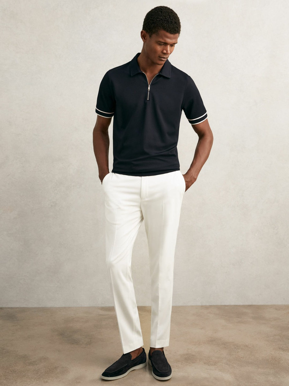 Textured Half-Zip Tipped Polo Shirt Navy | Men
