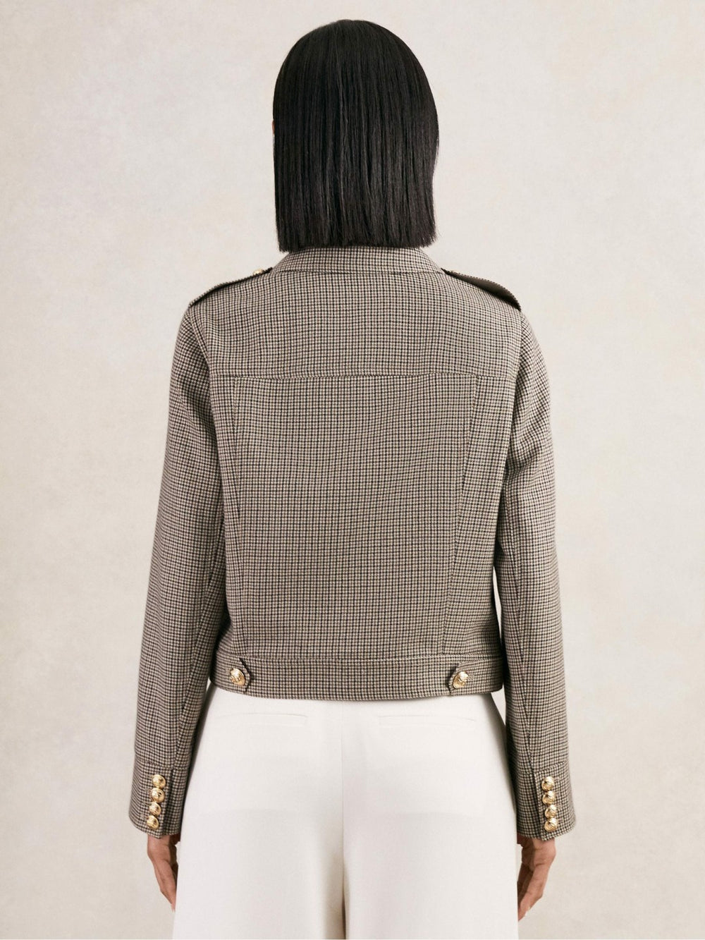 Wool Twin-Pocket Cropped Jacket Neutral Check | Women