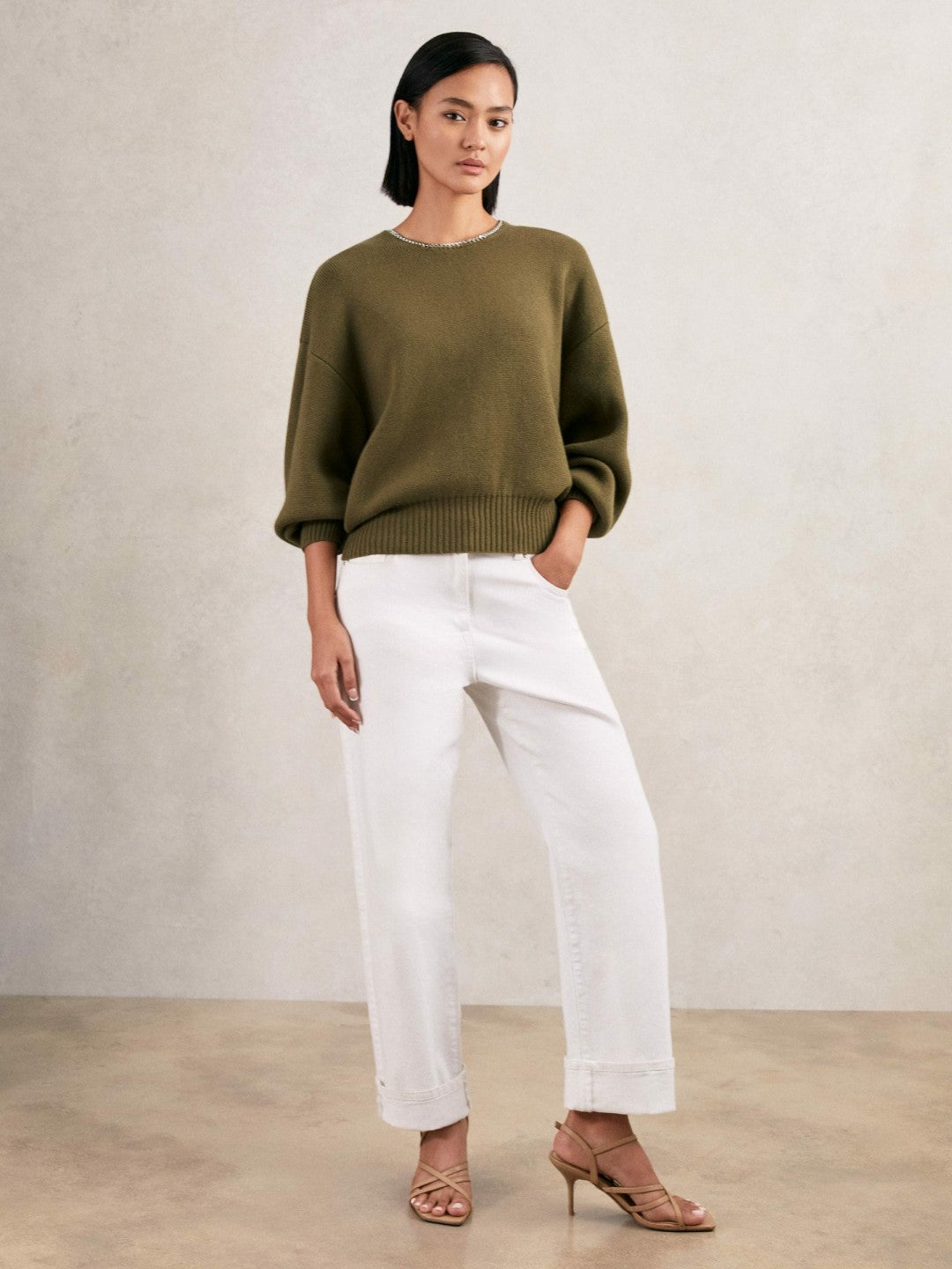 Wool-Blend Necklace-Trim Jumper with Cashmere Sage Green | Women
