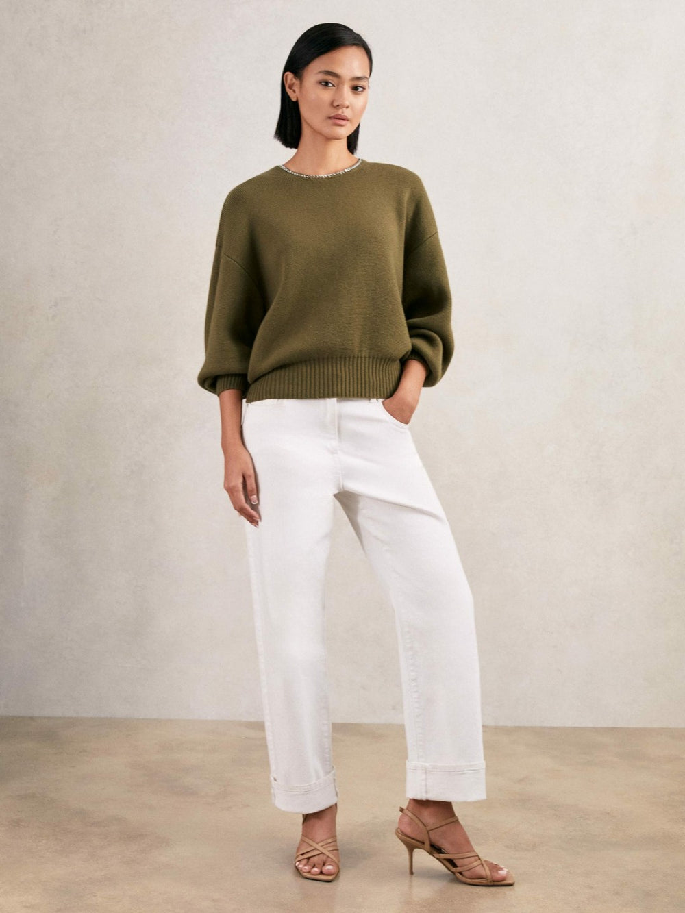 Wool-Blend Necklace-Trim Jumper with Cashmere Sage Green | Women