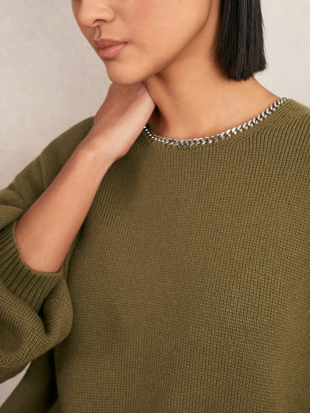 Wool-Blend Necklace-Trim Jumper with Cashmere Sage Green | Women