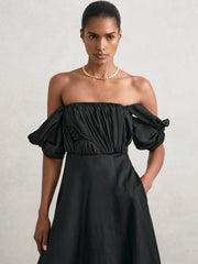 Bardot Sculpted Bodice Midi Dress With Linen Black | Women