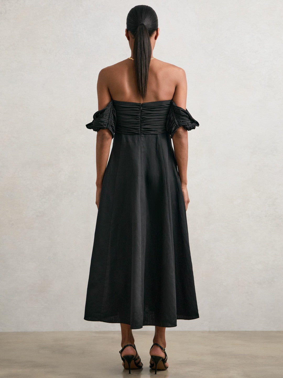 Bardot Sculpted Bodice Midi Dress With Linen Black | Women