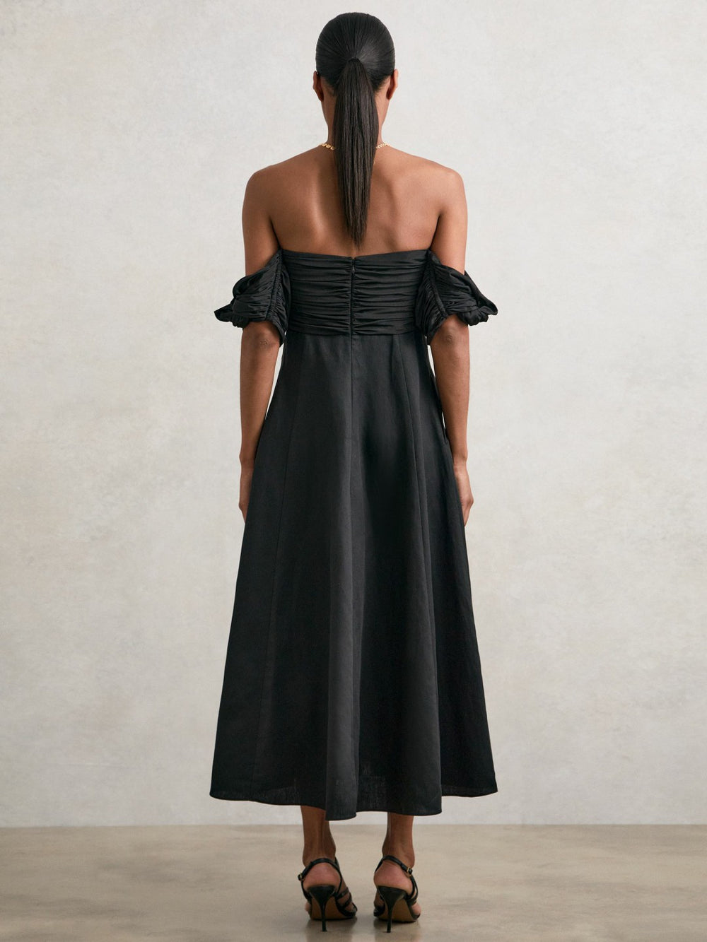 Bardot Sculpted Bodice Midi Dress With Linen Black | Women