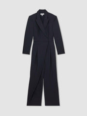Pinstripe Tailored Wide-Leg Jumpsuit with Wool Navy | Women