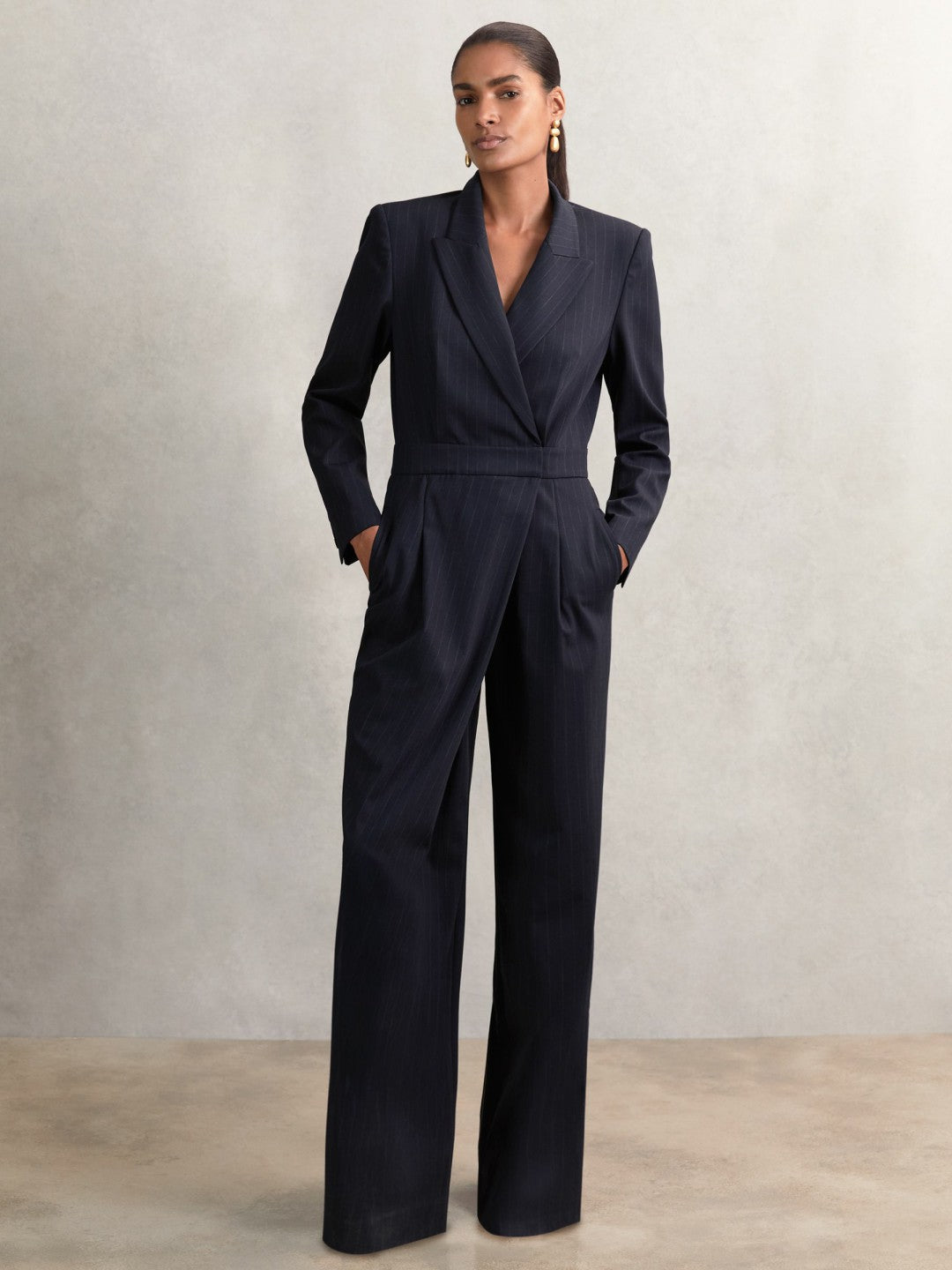 Pinstripe Tailored Wide-Leg Jumpsuit with Wool Navy | Women