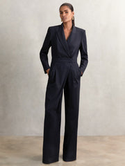 Pinstripe Tailored Wide-Leg Jumpsuit with Wool Navy | Women
