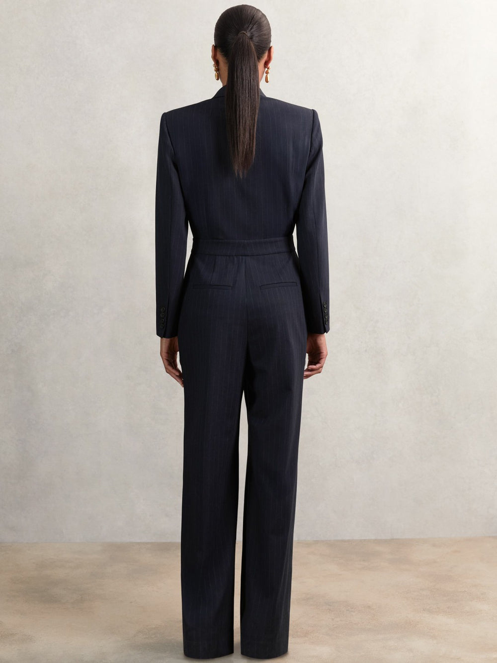 Pinstripe Tailored Wide-Leg Jumpsuit with Wool Navy | Women