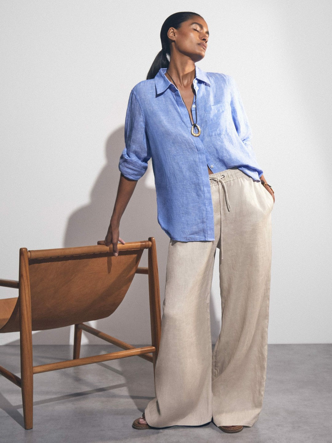 Linen-Blend Wide-Leg Trousers Neutral | Women
