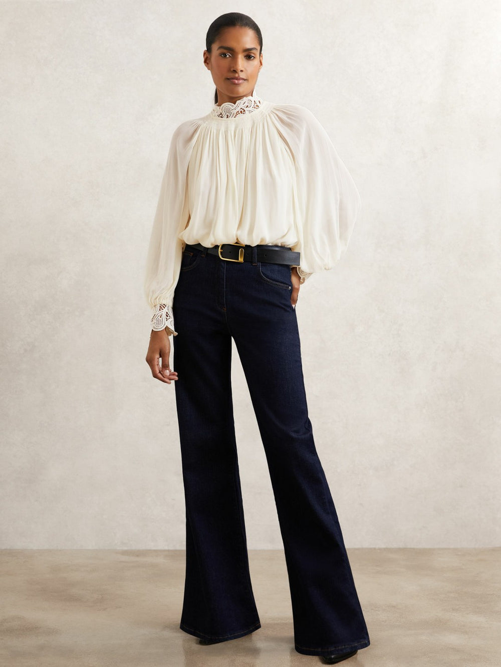 Lace-Trim Draped Chiffon Top Cream | Women