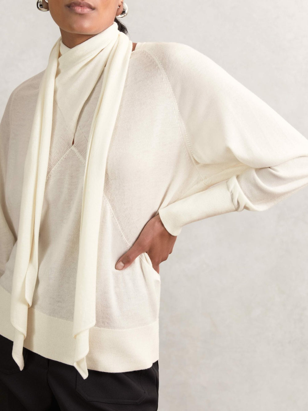 Wool Scarf-Tie Draped Jumper Cream | Women