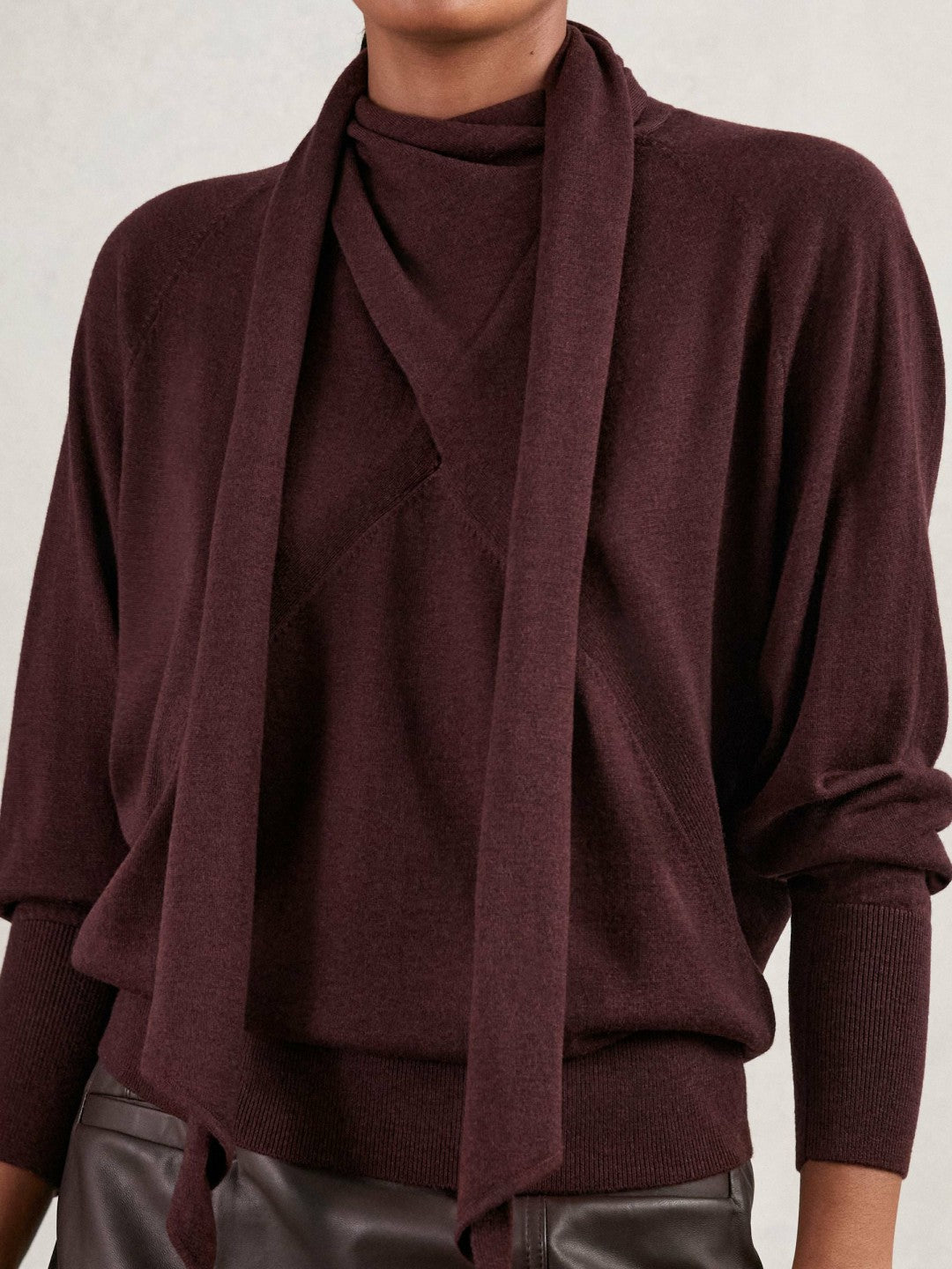 Wool Scarf-Tie Draped Jumper Burgundy | Women