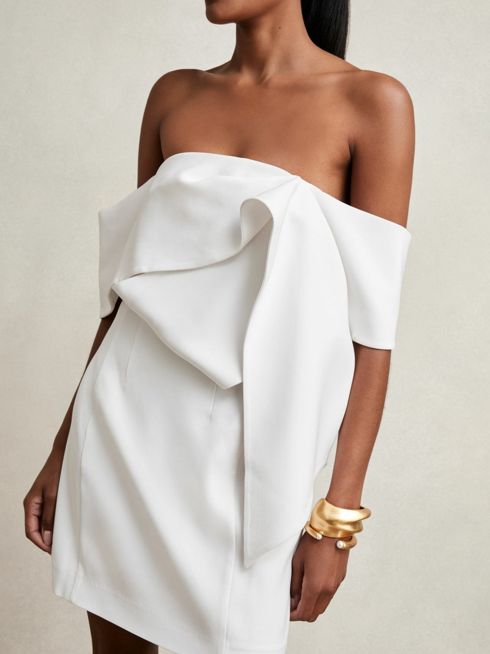 Sculptural Off-Shoulder Mini Dress Ivory | Women