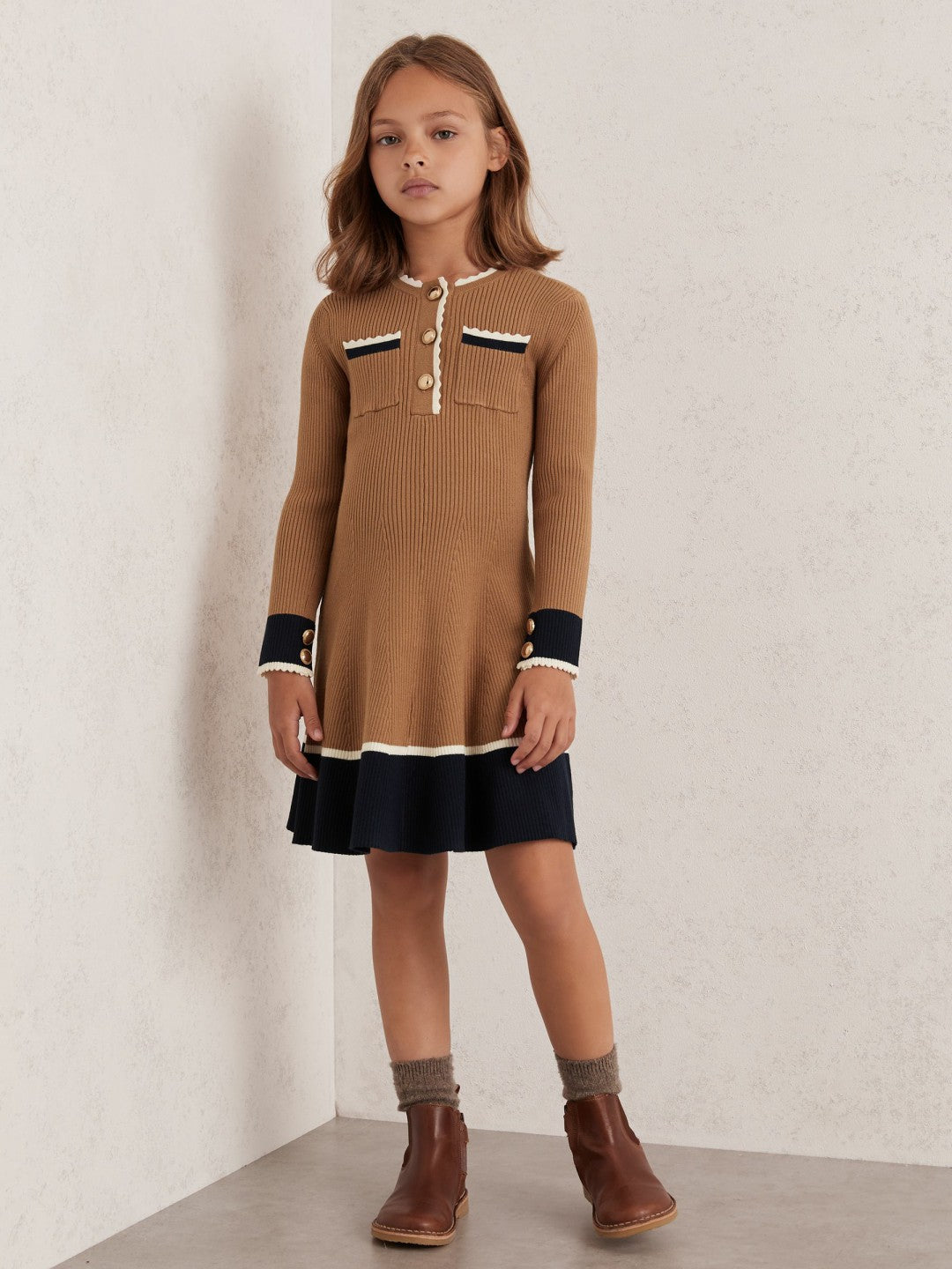 9-13 yrs Scallop-Trim Rib-Knit Dress Camel | Children & Baby