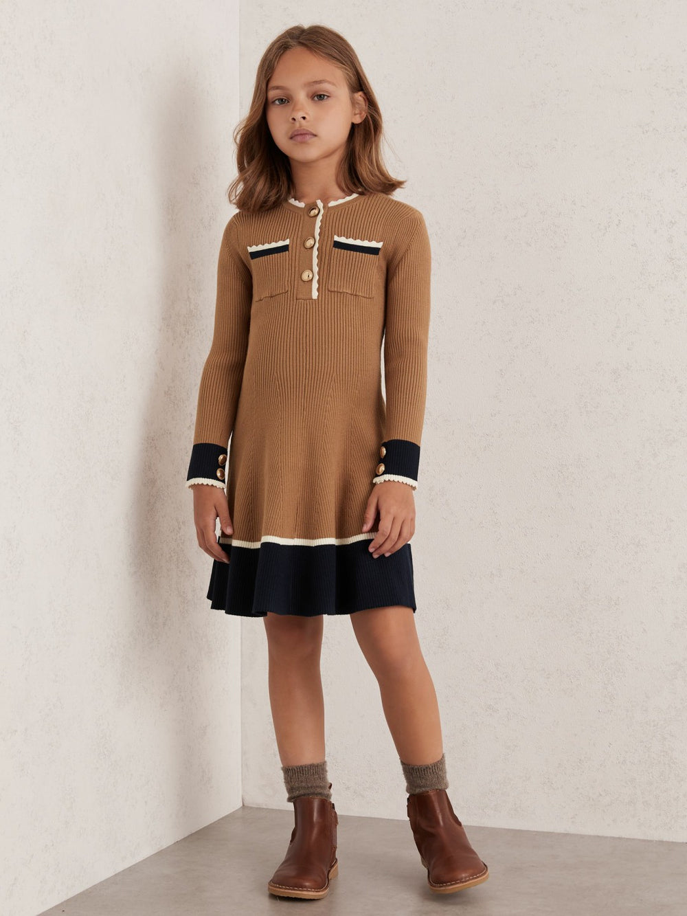 9-13 yrs Scallop-Trim Rib-Knit Dress Camel | Children & Baby