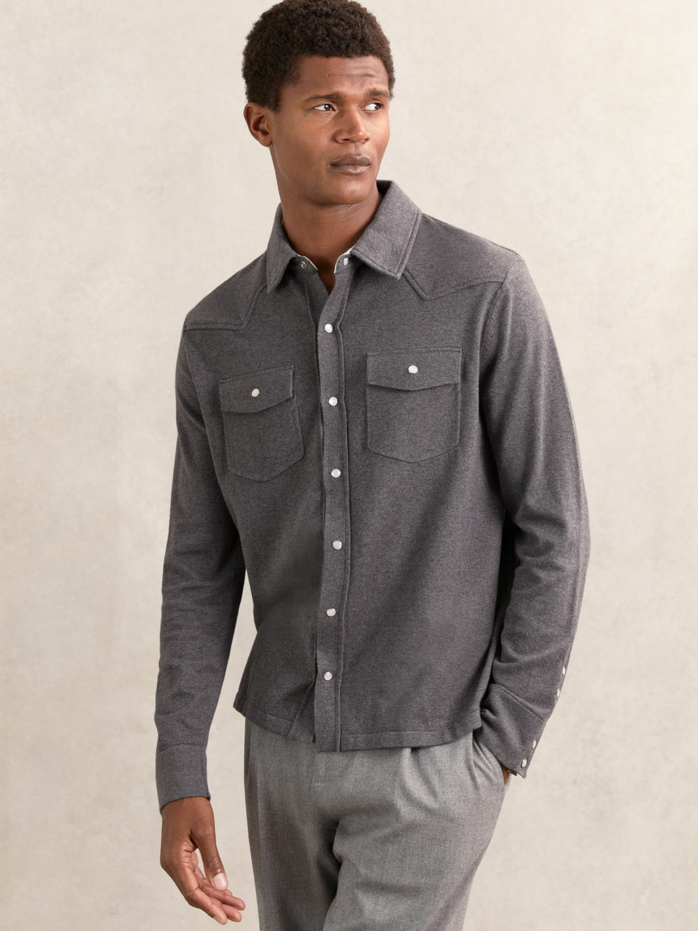 Cotton-Cashmere Western Knitted Shirt Charcoal Grey | Men