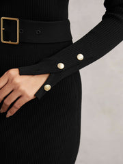 Buttoned Rib-Knit Midi Dress Black | Women