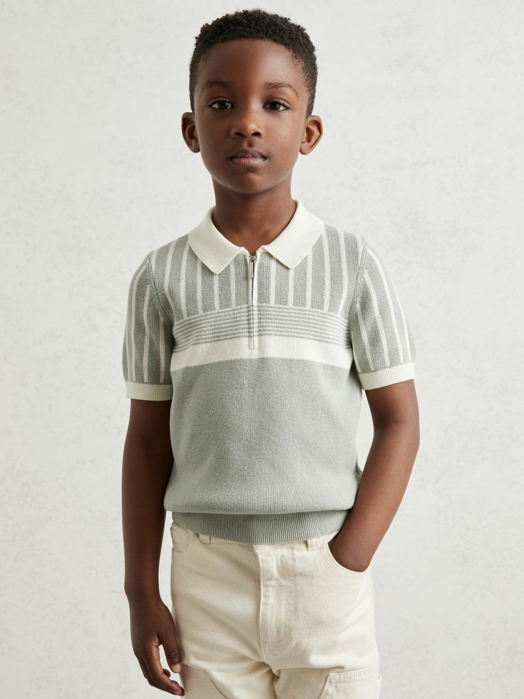 3-9 yrs Cotton Stripe Knit Half-Zip Polo Shirt Sage Green/Off White | Children & Baby