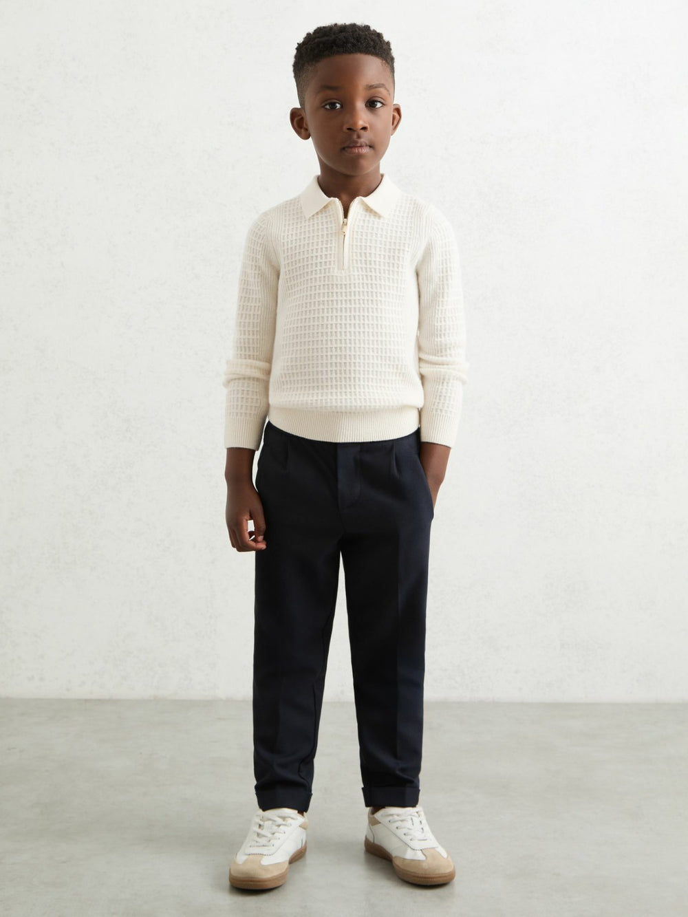 9-13 yrs Wool Waffle-Knit Half-Zip Polo Shirt Off White | Children & Baby