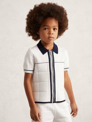 13-14 yrs Tipped Knit Zip-Through Shirt White/Navy | Children & Baby