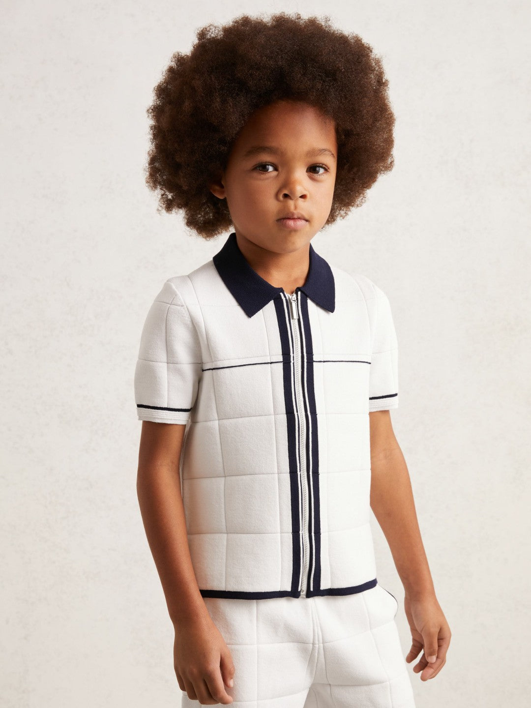 9-13 yrs Tipped Knit Zip-Through Shirt White/Navy | Children & Baby