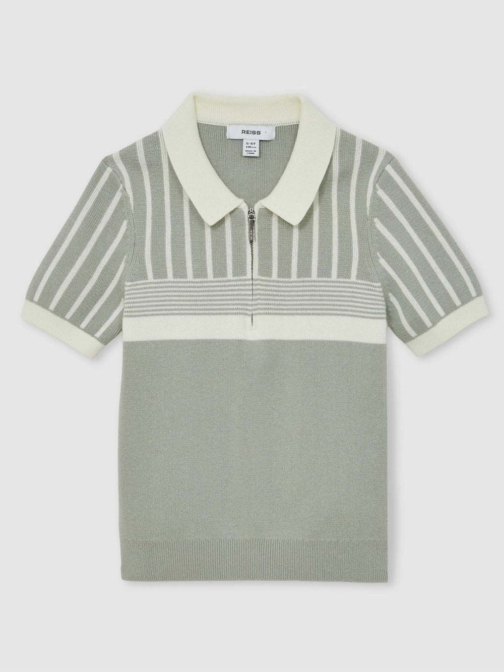 13-14 yrs Cotton Stripe Knit Half-Zip Polo Shirt Sage Green/Off White | Children & Baby