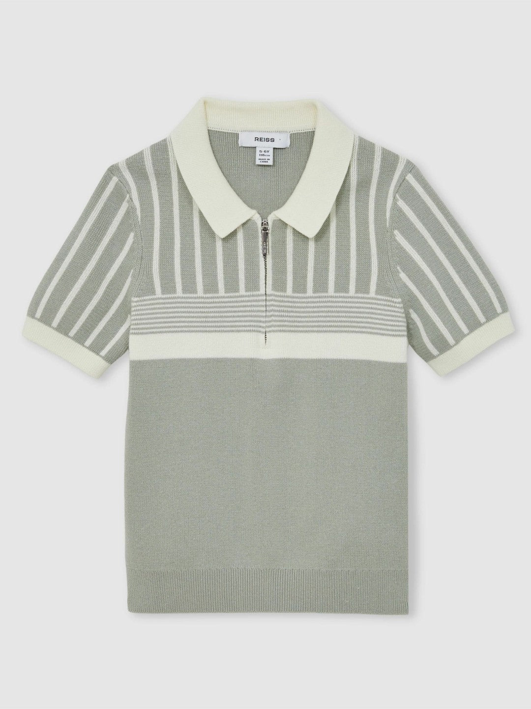 13-14 yrs Cotton Stripe Knit Half-Zip Polo Shirt Sage Green/Off White | Children & Baby