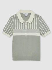 13-14 yrs Cotton Stripe Knit Half-Zip Polo Shirt Sage Green/Off White | Children & Baby