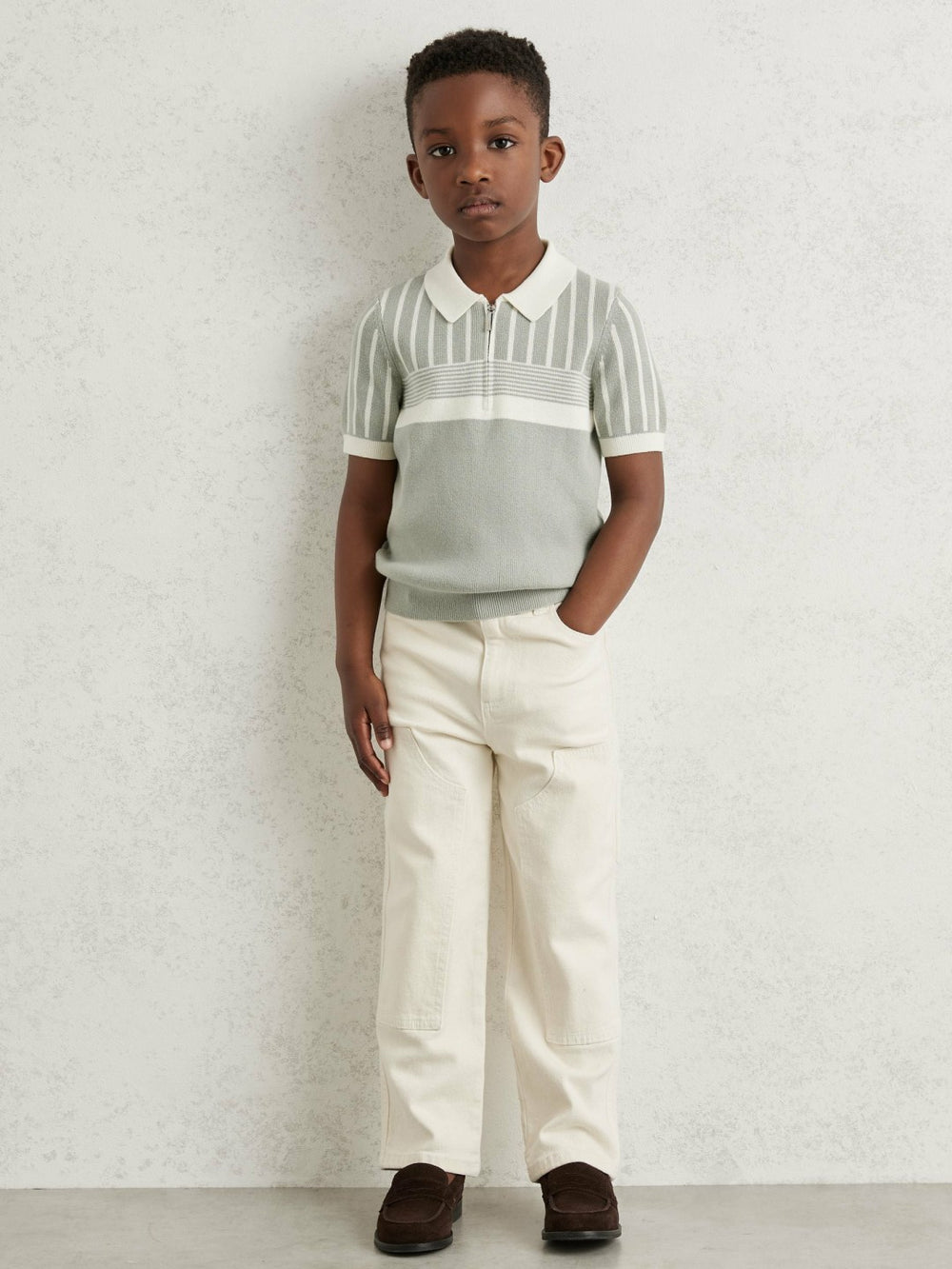13-14 yrs Cotton Stripe Knit Half-Zip Polo Shirt Sage Green/Off White | Children & Baby