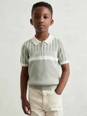 13-14 yrs Cotton Stripe Knit Half-Zip Polo Shirt Sage Green/Off White | Children & Baby