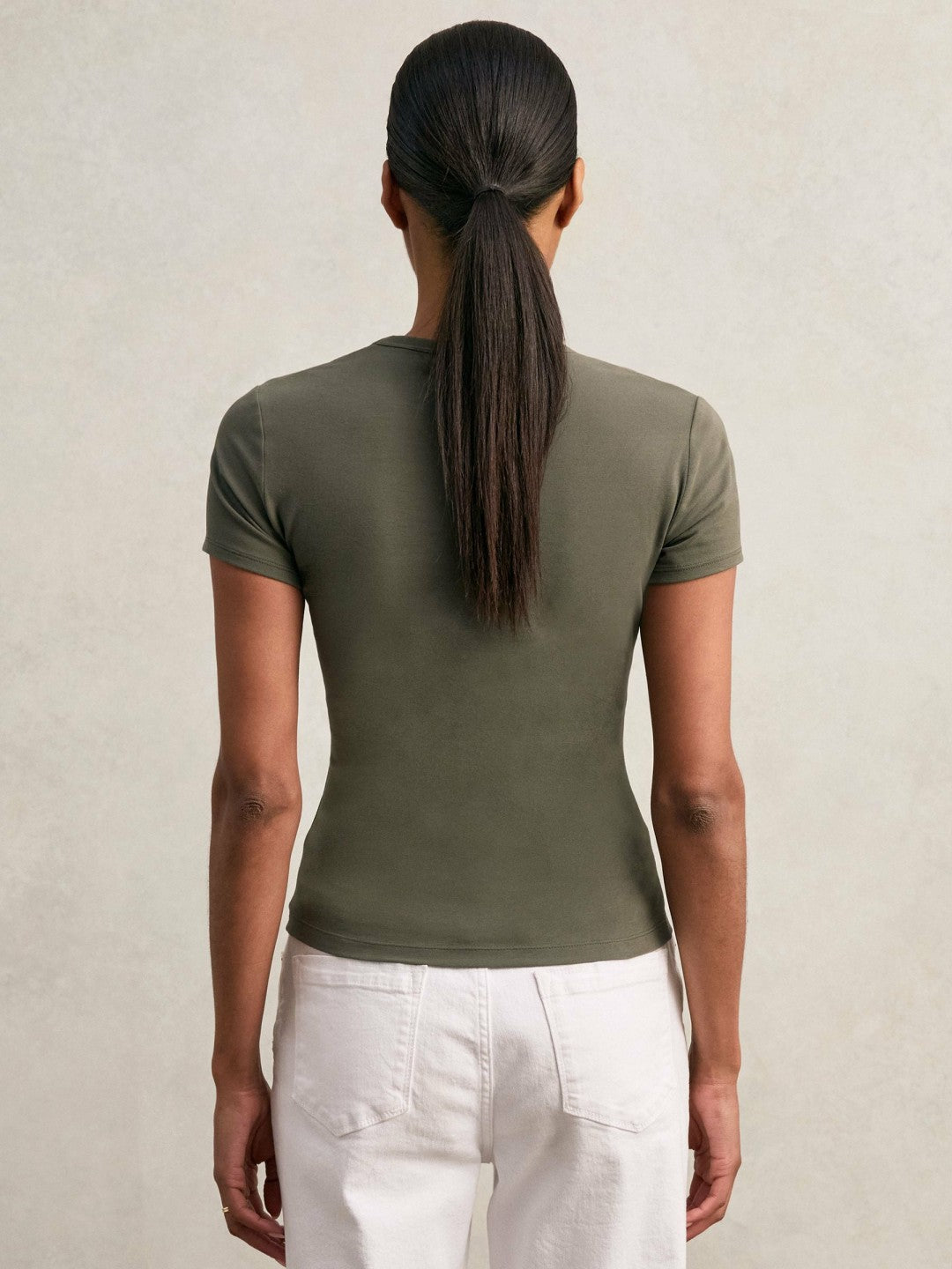 Stretch Cotton V-Neck T-Shirt Khaki Green | Women