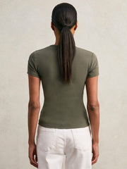 Stretch Cotton V-Neck T-Shirt Khaki Green | Women