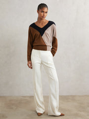 Wool-Blend Colourblock Knit Jumper with Cashmere Toffee Brown/Navy/Neutral | Women