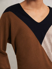 Wool-Blend Colourblock Knit Jumper with Cashmere Toffee Brown/Navy/Neutral | Women