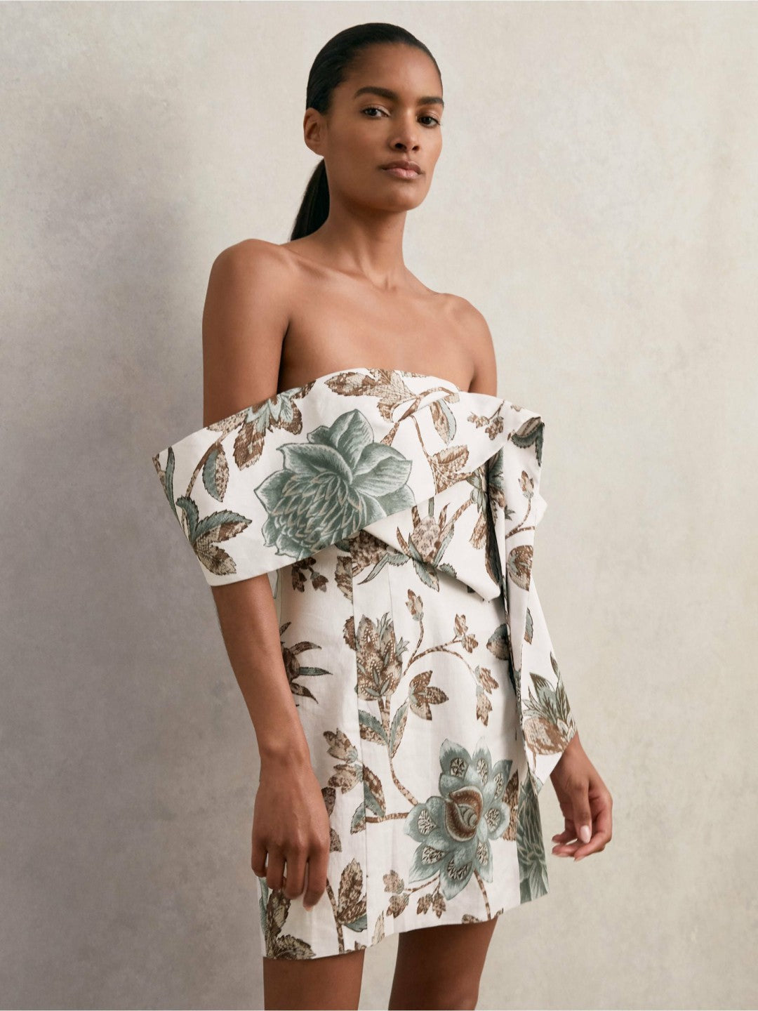 Sculpted Off-Shoulder Floral Mini Dress Linen-Cotton Ivory | Women