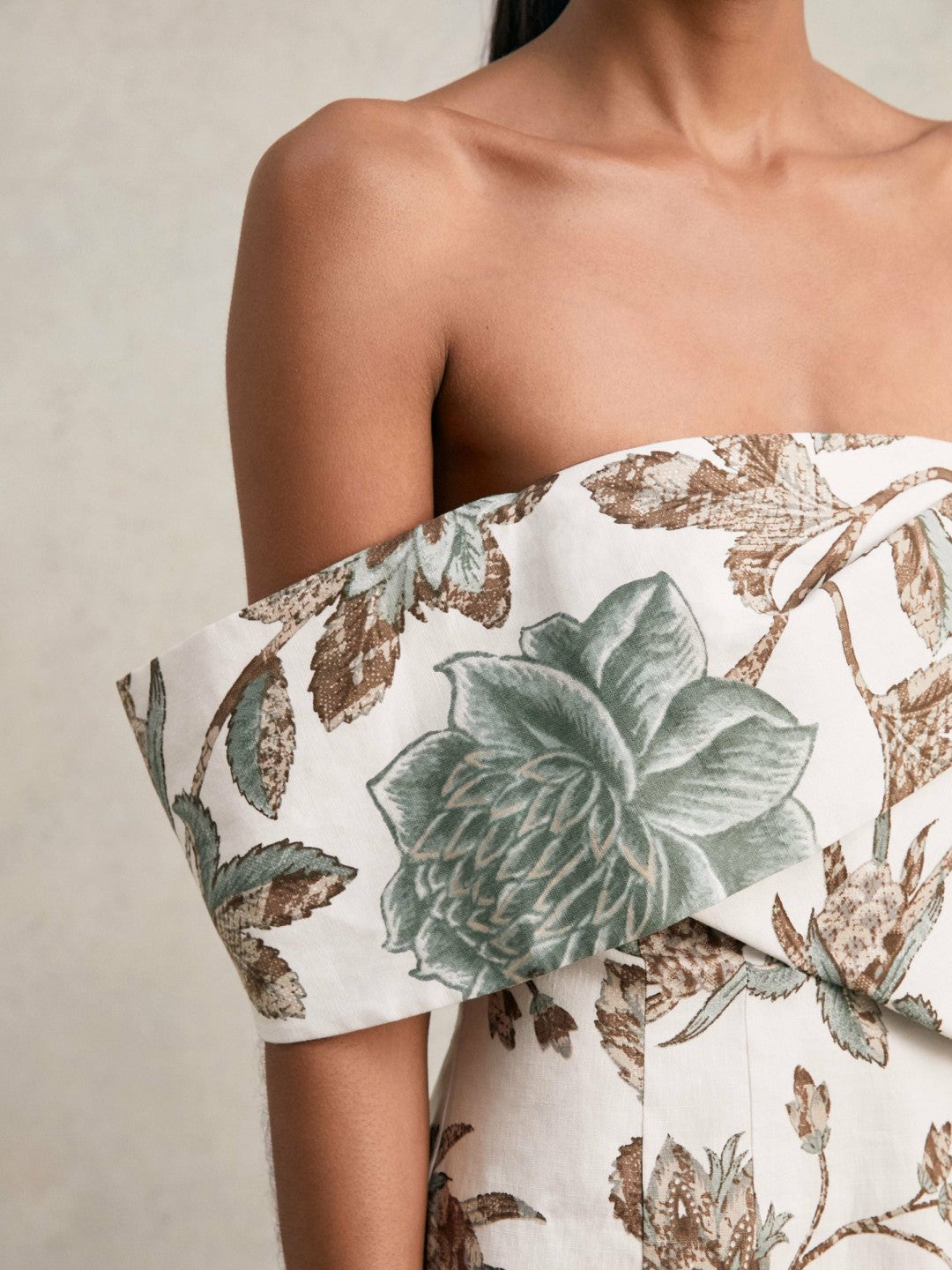 Sculpted Off-Shoulder Floral Mini Dress Linen-Cotton Ivory | Women