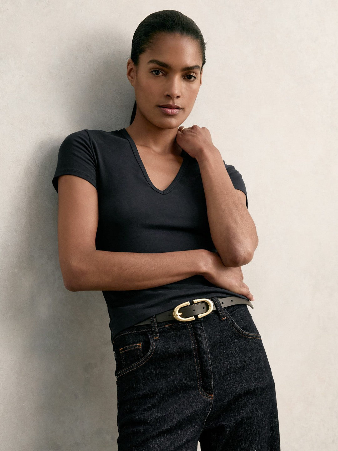 Stretch Cotton V-Neck T-Shirt Navy | Women