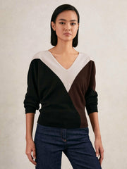 Wool-Blend Colourblock Knit Jumper with Cashmere Black/Burgundy/Cream | Women
