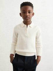 13-14 yrs Wool Waffle-Knit Half-Zip Polo Shirt Off White | Children & Baby
