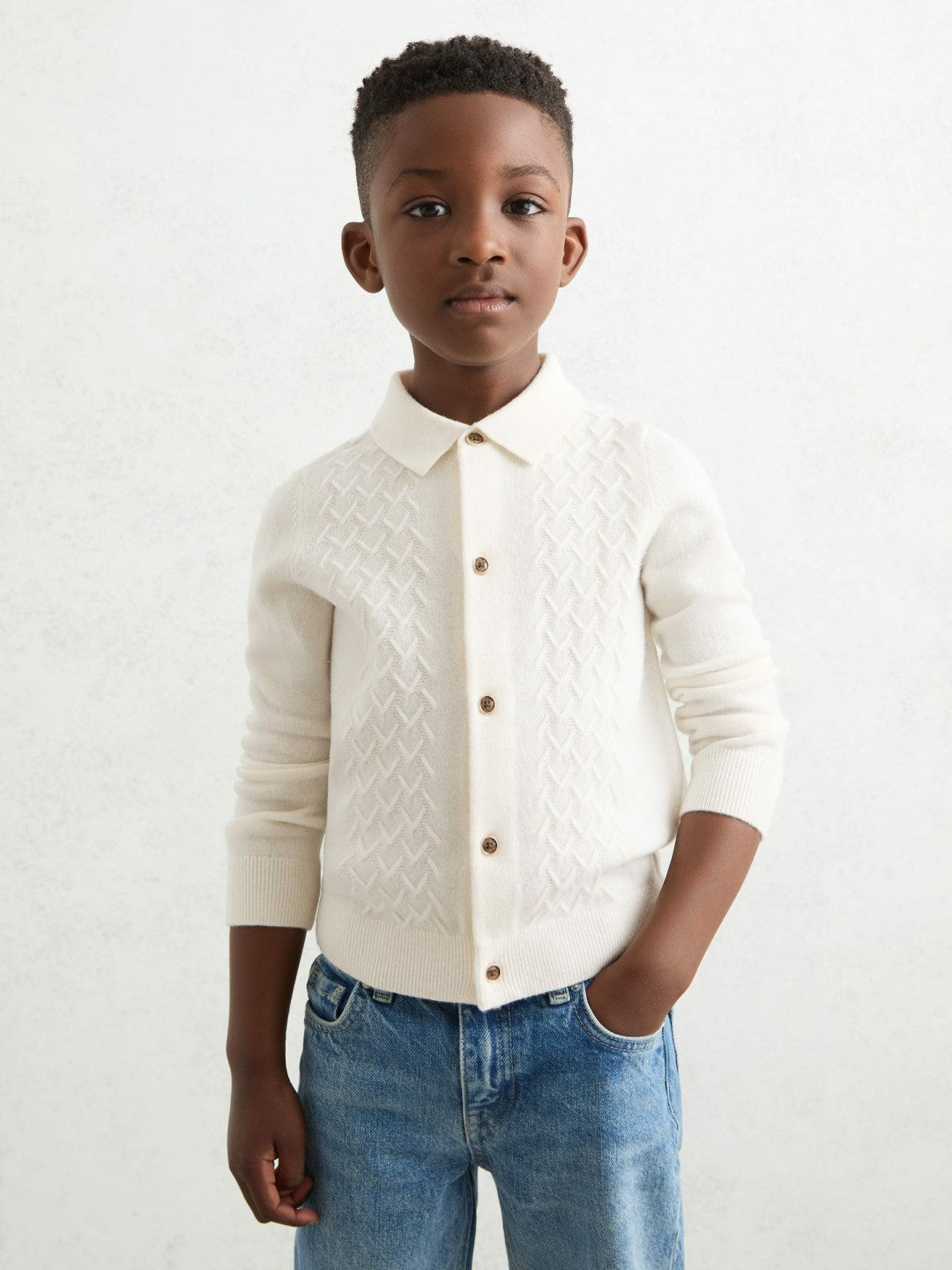 13-14 yrs Wool V-Stitch Button-Through Cardigan Off White | Children & Baby