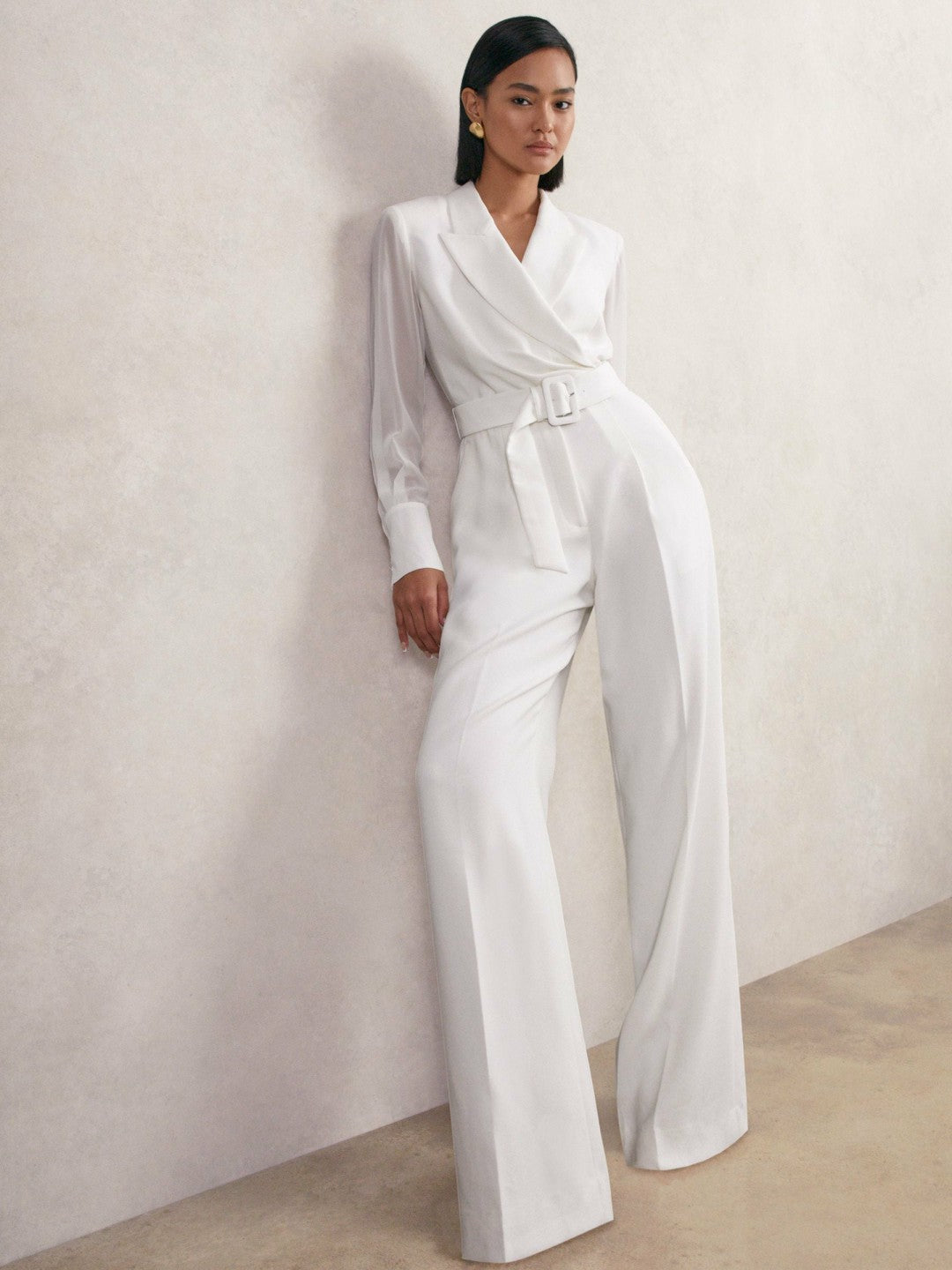 Sheer-Sleeve Wide-Leg Tuxedo Jumpsuit Ivory | Women