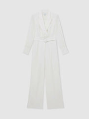 Sheer-Sleeve Wide-Leg Tuxedo Jumpsuit Ivory | Women